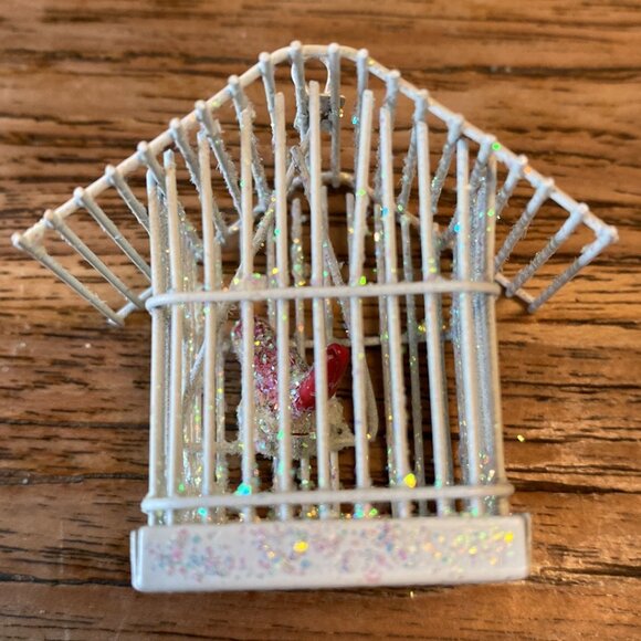 A Pair of White Wire Birdhouse Ornaments w/Red Birds on Swings - Picture 2 of 9